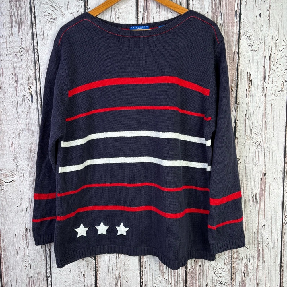 Karen Scott Sport Woman Plus Size 1X Navy Red White Americana Sweater Stars USA